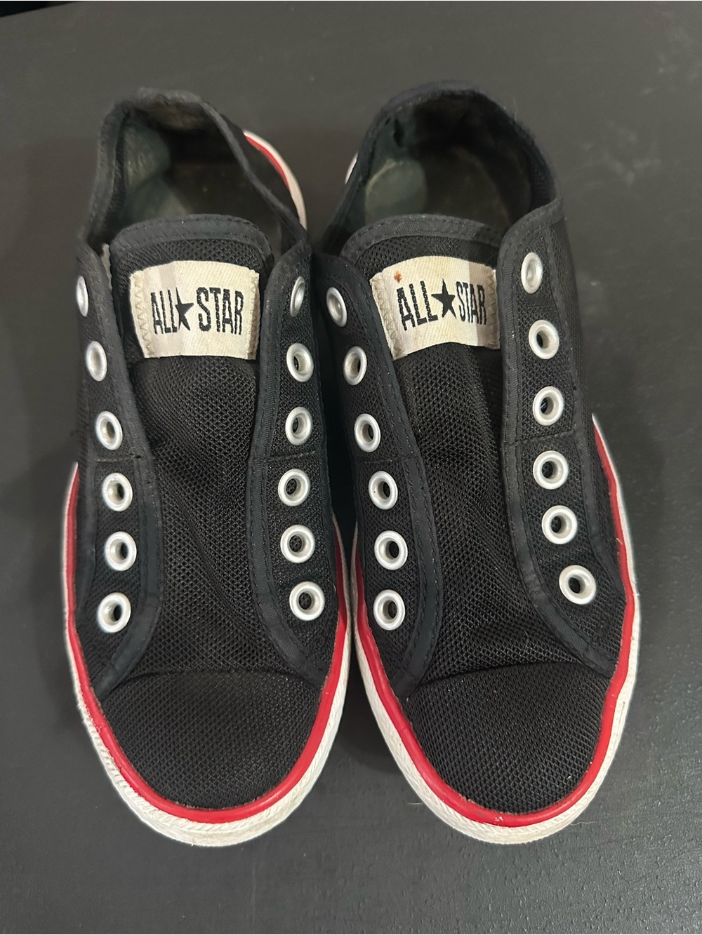 Converse Black Mesh Slip-On Sneakers with Red Trim - lace less